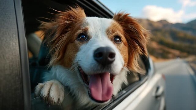 Joyful Journey: A happy dog with floppy ears and a wagging tongue sticks its head out of a car window, enjoying the wind and scenery on a sunny road trip through the mountains.