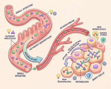 Diagram illustrating nutrient absorption and biomolecule metabolism in the human body