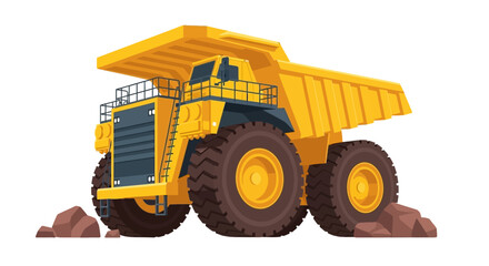 Fototapeta premium Large Yellow Mining Dump Truck Illustration Isolated on White Background. Heavy Duty Industrial Haul Truck for Quarry and Open Pit Mining Operations.