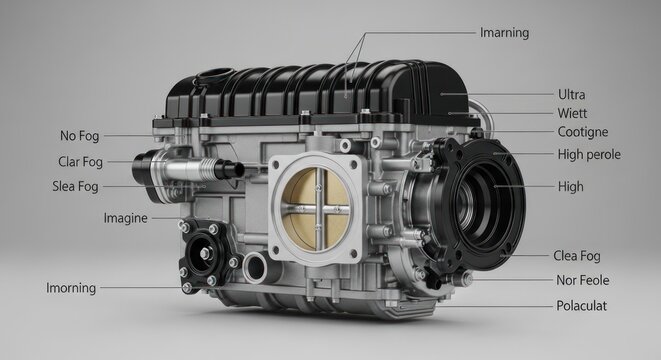 Detailed View of a Modern V8 Engine with Labeled Components.