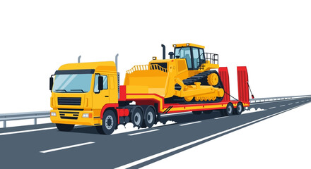 Fototapeta premium Yellow Heavy Duty Semi-Truck Transporting Bulldozer on Lowboy Trailer on Highway, Industrial Logistics and Construction Machinery Haulage Illustration