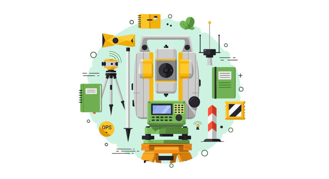 Professional Land Surveying Equipment Vector Illustration: Total Station, Theodolite, GPS, and Engineering Tools for Geodetic Construction Planning