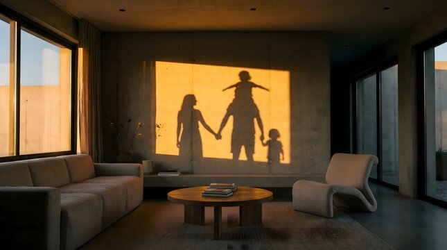 Feliz dia del PADRE. Feliz dia del PADRE cinematic shadow of family on wall during golden hour. Happy Father's Day in Spanish. 
