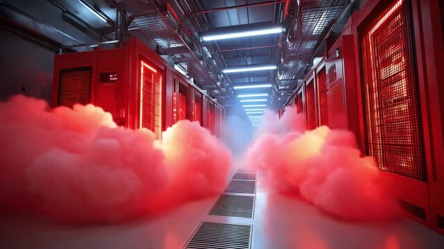 Server Room Disaster: Red smoke billows through a server room, illuminating rows of server racks with an ominous glow. The scene depicts a critical malfunction or fire.