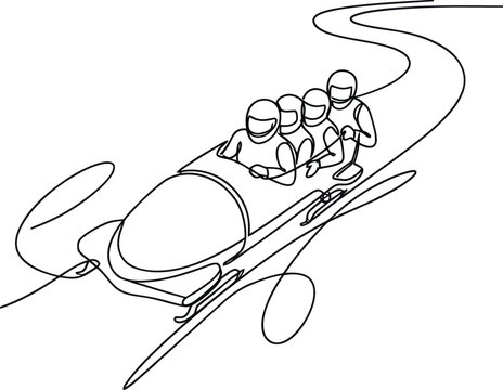 Four-person bobsled team racing down icy track, dynamic line art illustration