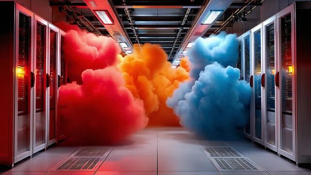 Abstract Data Center Cloud Visualization: A vibrant, abstract representation of data flow and cloud computing within a modern data center.