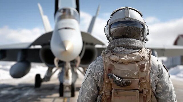 Pilot and Fighter Jet Readiness: A pilot in full gear stands with their back to the camera, facing a sleek fighter jet on a runway, ready for action under a clear, crisp sky.
