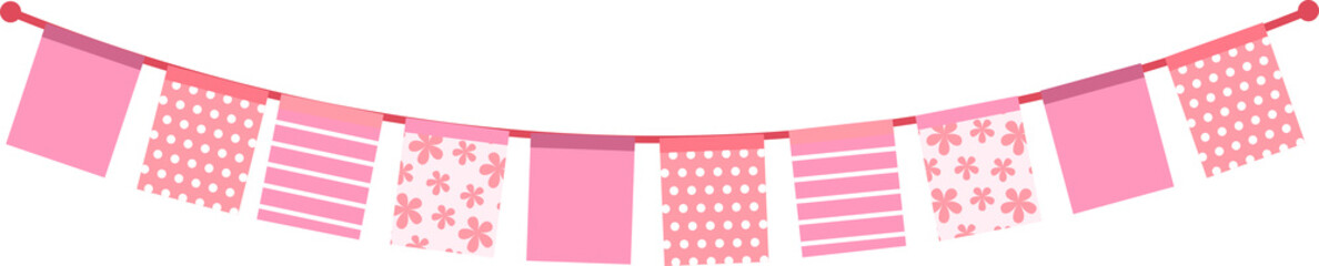 Pink festive banner bunting with solid, floral, and striped designs, suitable for party invitations, greeting cards, and social media posts. © Sawah Maya