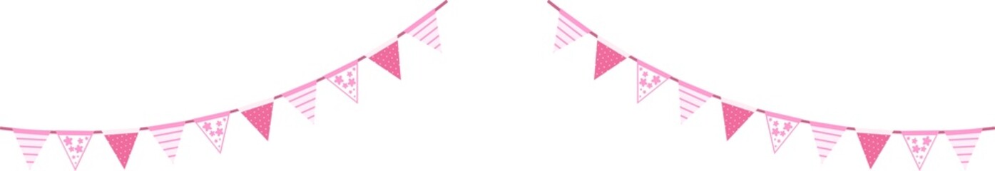 Fototapeta premium Pink triangular flag bunting garland for festive occasions. Suitable for birthday parties, baby showers, and other celebratory events.