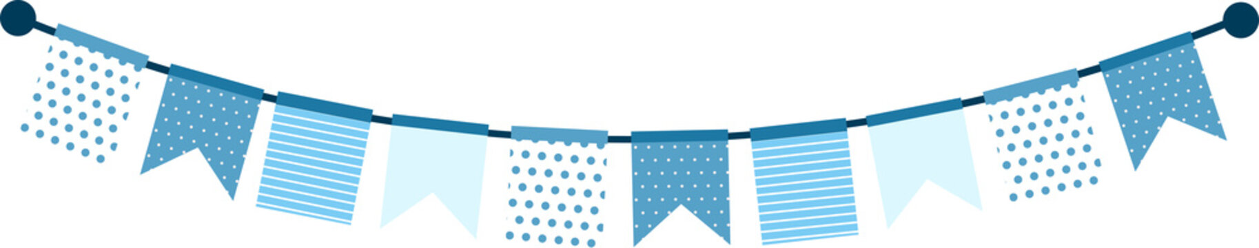 Blue festive bunting flags with geometric triangle patterns  ideal for party decoration, invitations, wrapping paper, and stationery designs.