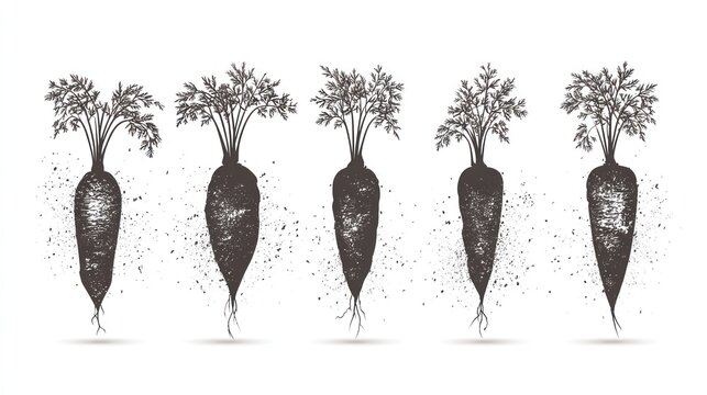 Five illustrations depict various shapes of root vegetables with leafy tops against a white background.