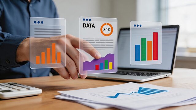 Business professional interacting with floating data visualization screens showing charts graphs and percentages on desk with laptop calculator and documents