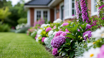 Obraz premium Manicured lawn bordering colorful hydrangeas and foxgloves in front of a red brick house, vibrant garden bed with blooming flowers, classic residential exterior concept, defocused