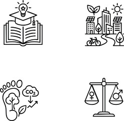 Obraz premium Sustainable, development, icons, set, featuring, education, book, green, city, renewable, energy, gender, equality, symbols, carbon, footprint, reduction, thin, line, vector