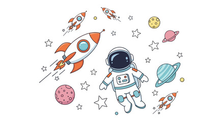 Hand drawn illustration of a cute astronaut floating in outer space with rockets and planets. © Nur Solihin