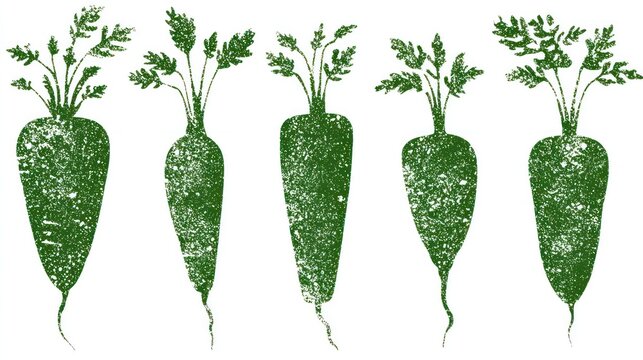 Five distinctly shaped green root vegetables displayed in a row exhibit varied textures