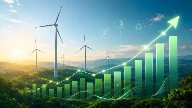 Sustainable energy growth concept with wind turbines green hills an ascending financial chart and glowing eco icons representing environmental investment