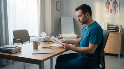 Fototapeta premium Doctor Reviewing AI Triage Tablet During Calm Clinic Workflow