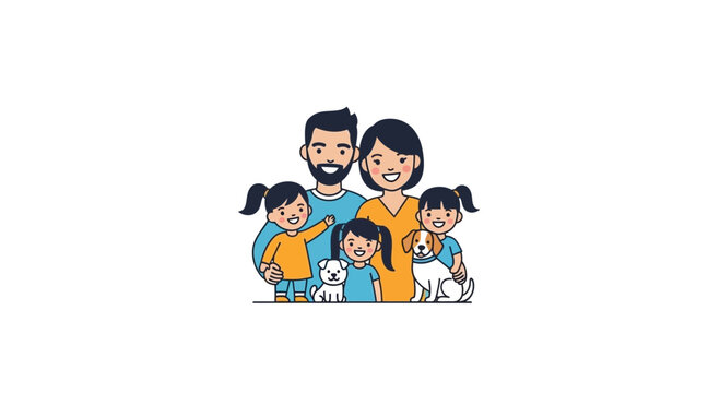 Happy young family with three children and two pet dogs.