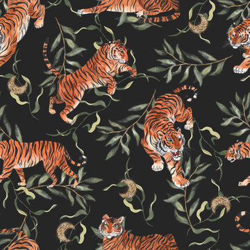 Seamless pattern with painted tiger and tropical leaf. Watercolor repeating illustration of wild animal in jungle. Wildlife jungle theme background for textile, fabric, wallpaper print.