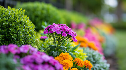 Obraz premium Lush garden bed overflowing with vibrant flowers and manicured shrubs, blooming plants in a variety of colors, landscaping element concept, defocused background, with copy space