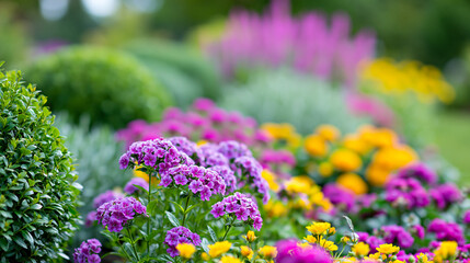 Obraz premium Lush garden bed overflowing with vibrant flowers and manicured shrubs, blooming plants in a variety of colors, landscaping element concept, defocused background, with copy space