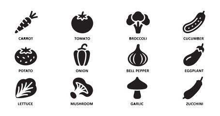 Naklejka premium Vector icon set of fresh vegetables like carrot tomato broccoli cucumber potato onion bell pepper eggplant..