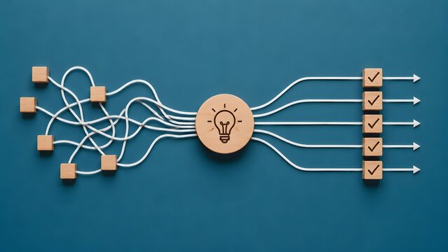 Creative problem solving concept showing tangled lines passing through a lightbulb icon turning into organized checkmarks on blue background