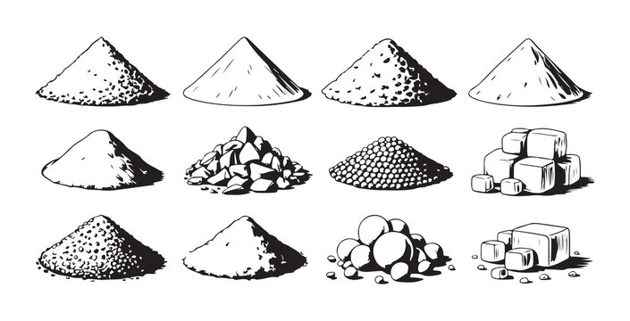 Assorted collection of ingredient piles and textured heaps including sugar cubes and fine ground powders.