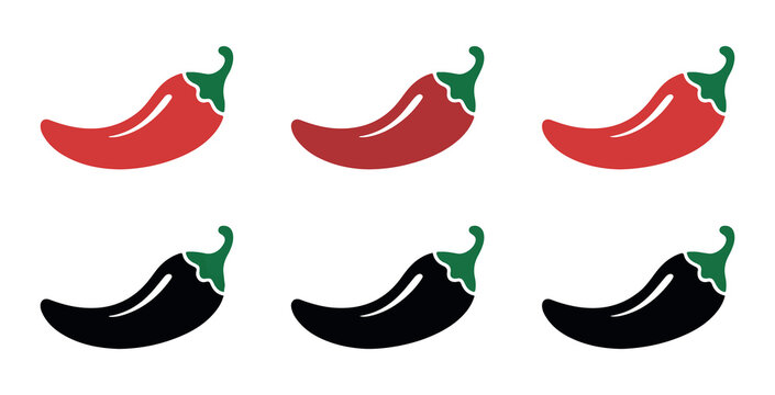 Red and black hot chili pepper collection with green stems for spicy cooking and culinary branding theme.