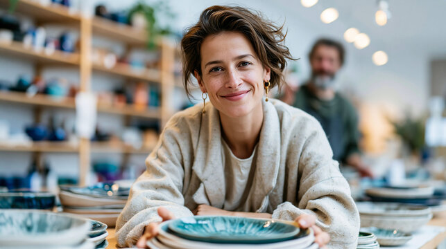 An elegant female shopper with short hair wearing a tailored duster coat admiring handmade ceramic plates at a design studio counter, a mature artisan showing the texture, calm edi