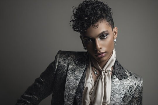 Studio portrait of a young transgender man wearing glamorous makeup and chic women&acirc;&euro;&trade;s clothing, fashion-forward confidence