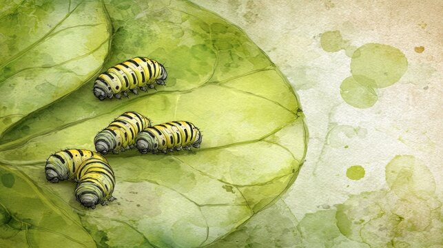 Several striped larvae are resting upon a large green botanical structure