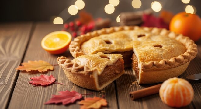 Autumn harvest pumpkin pie with fall decorations
