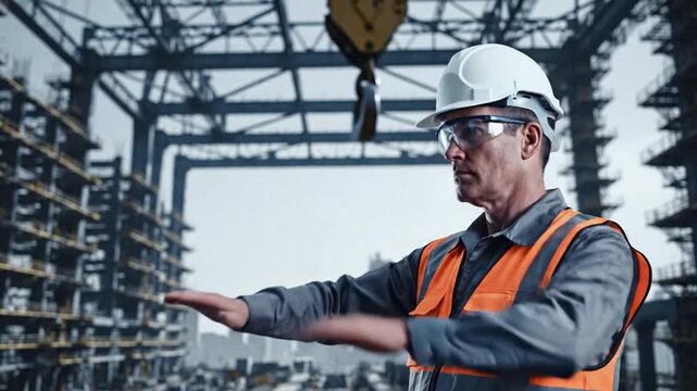 Construction Foreman Directs Crane Operator with Hand Signals at Industrial Site with City Skyline in Background