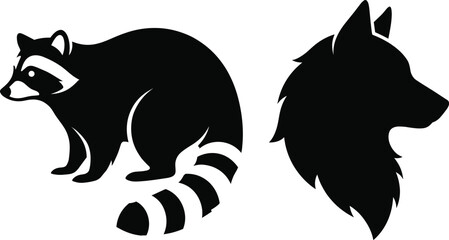 A set of minimalist black silhouette icons featuring a full body raccoon with a striped tail and a side profile wolf head © MdMonowar
