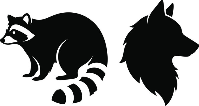 A set of minimalist black silhouette icons featuring a full body raccoon with a striped tail and a side profile wolf head