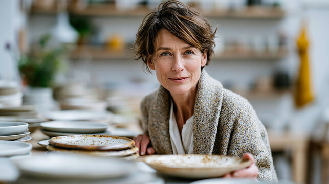 An elegant female shopper with short hair wearing a tailored duster coat admiring handmade ceramic plates at a design studio counter, a mature artisan showing the texture, calm edi
