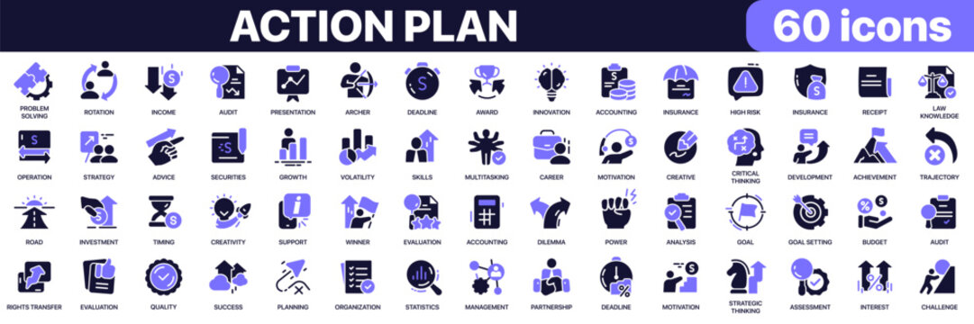 Action plan icon collection in purple colored style. Includes strategy, planning, goals, accounting, analysis, management and business development icons in flat fill style