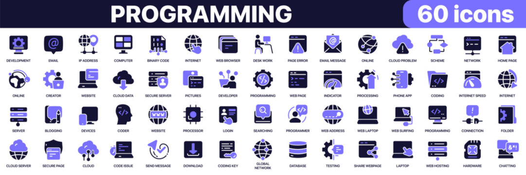 Programming icon collection in purple colored style. Includes coding, software development, web technologies, databases, cloud computing and network icons in flat fill style