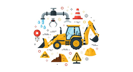 Naklejka premium Yellow Backhoe Loader Vector Illustration with Construction Icons, Safety Equipment, and Infrastructure Symbols for Industrial Design and Building Projects