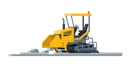 Obraz premium Modern Yellow Automatic Paving Machine Illustration Laying Stone Bricks, Heavy Construction Equipment for Roadwork and Urban Infrastructure, Vector Flat Design on White Background