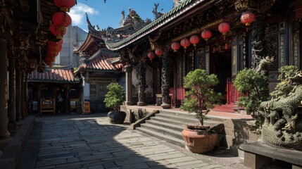 Fototapeta premium Sunlit historic temple in Taipei featuring dragon carvings and ceremonial atmosphere