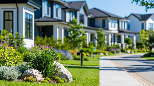 Modern suburban houses with manicured lawns on a sunny street, residential neighborhood lifestyle concept, defocused background, with copy space