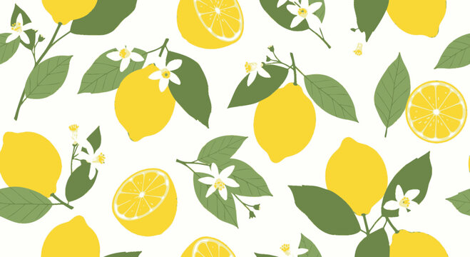 Seamless Lemon Pattern: Fresh Citrus Fruit, Leaves, and Blossoms on White Background