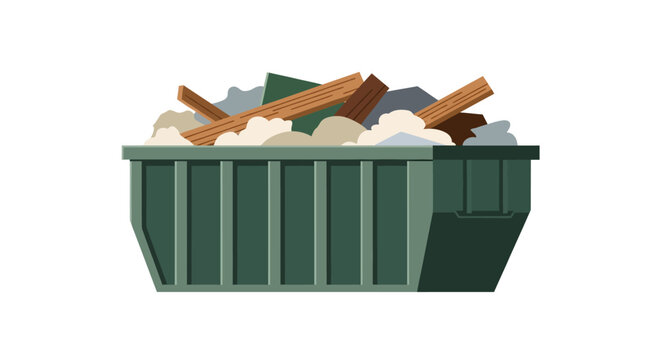 Construction Dumpster with Renovation Debris and Wood, Flat Illustration of Green Skip Bin for Waste Management and Junk Removal
