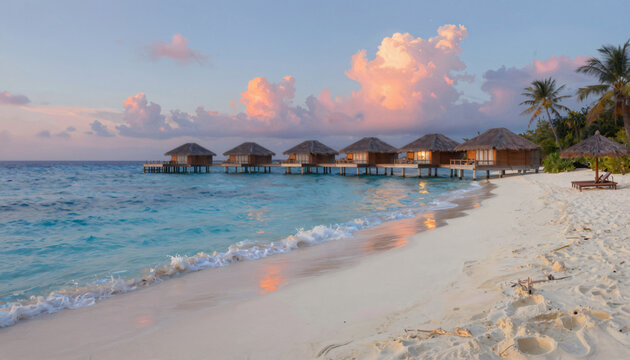 Malediven Wasserbungalows an feinem Sandstrand bei Sonnenuntergang