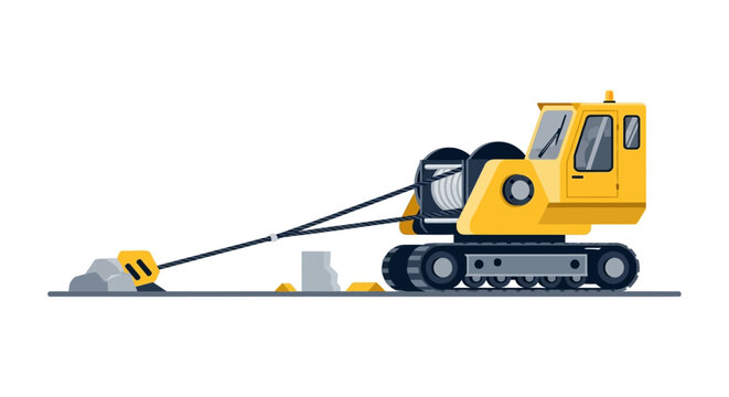 Vector Illustration of a Heavy Duty Tracked Winch Machine Pulling a Large Rock, Industrial Construction Equipment Crawler Crane Concept