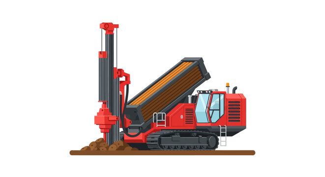 Industrial Crawler Drilling Rig Machine Vector Illustration. Red Heavy Duty Geotechnical Drill for Mining, Construction, and Well Boring.