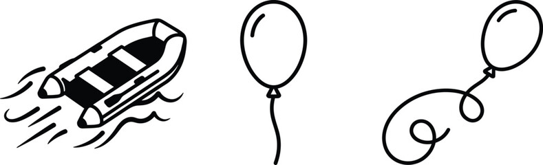Minimalist Line Art Vector Set Featuring an Inflatable Dinghy Boat and Floating Balloons Isolated on White Background for Diverse Creative Design Projects © MdMonowar